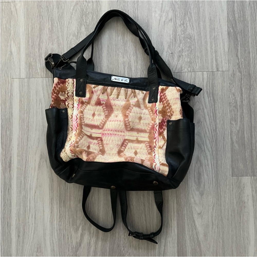 Nena & Co. Convertible Backpack Tote Bag Black Leather Tribal Geometric Woven - Picture 4 of 14